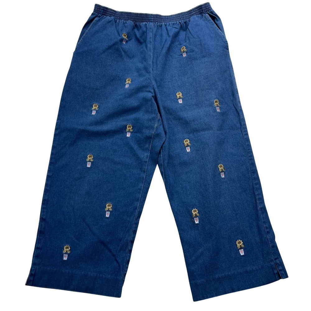 Alfred Dunner Sunflower Embroidered Denim Capri Pants Womens 12 Blue Cropped VTG